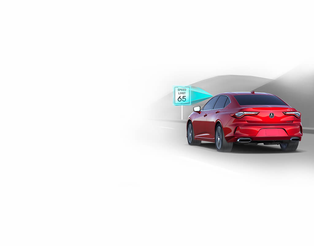 2023 Red Acura TLX Sedan with Traffic Sign Recognition Safety Diagram